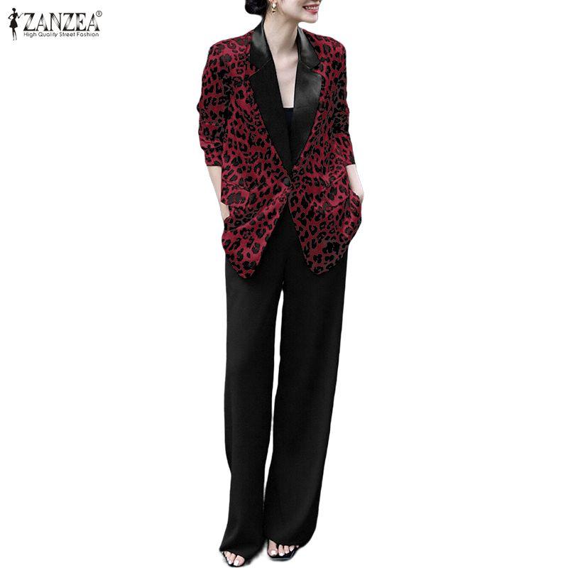 ZANZEA Women Leopard Print Cardigan Blazer and Pants Casual Two Piece Suit Sets