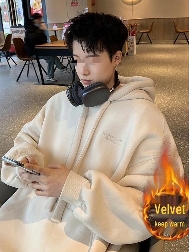 Men's American Retro Vintage Fleece-Lined Hooded Sweatshirt - Spring/Autumn Trendy Loose Fit Hoodie Jacket