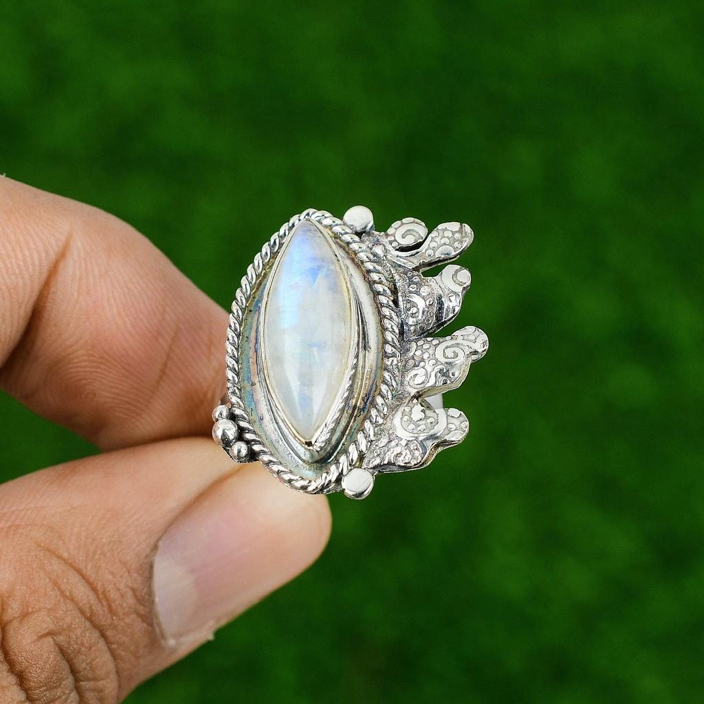Gift For Her Natural Rainbow Moonstone Stackable Adjustable Ring 925 Silver