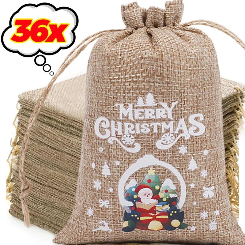 36-1PC Christmas Linen Drawstring Bags Candy Biscuits Pouchs Burlap Bracelet Jewelry Storage Bag Xmas Kids Gifts Packaging Bags