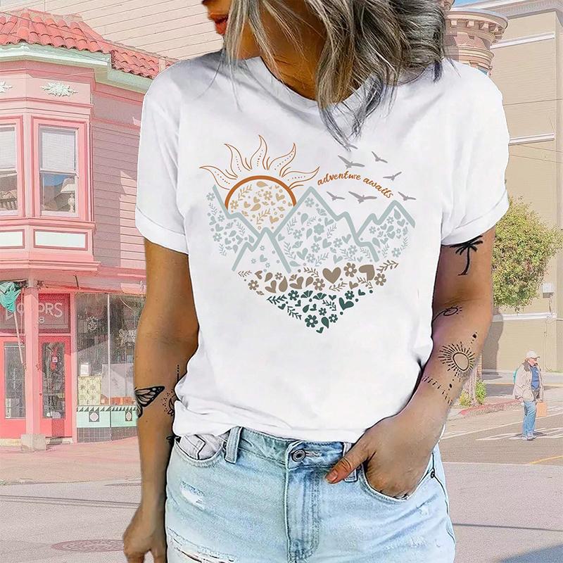 

Модная женская креативная футболка с принтом пейзажной живописи, забавная повседневная футболка с круглым вырезом и короткими рукавами, летняя женская футболка