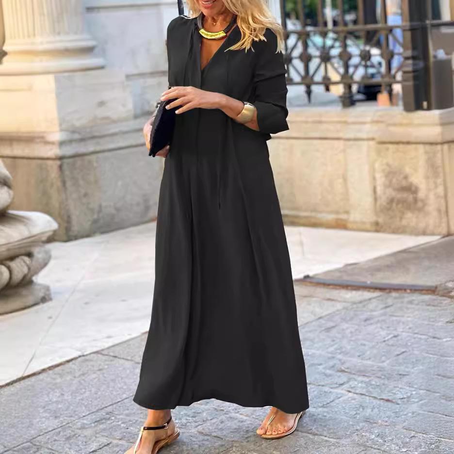 2025 European & American V-Neck Solid Color Long Sleeve Casual Dress for Autumn/Winter