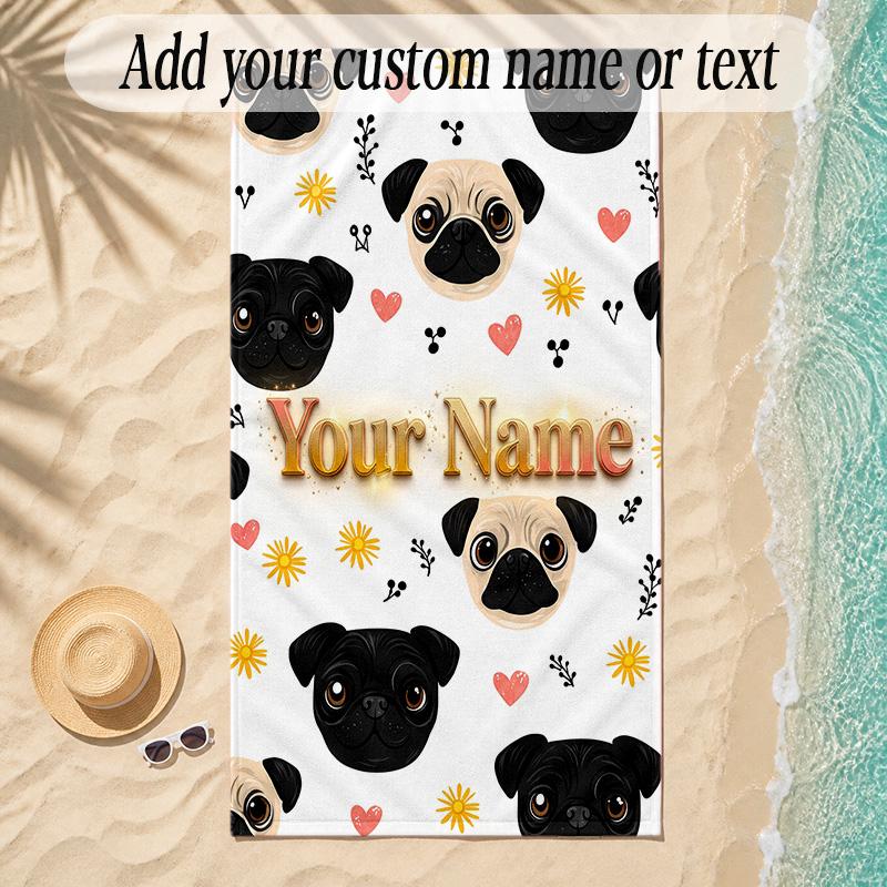 Pug Theme Soft Beach Towel Personalized Custom Name Text Towel Portable for Beach Pool Travel