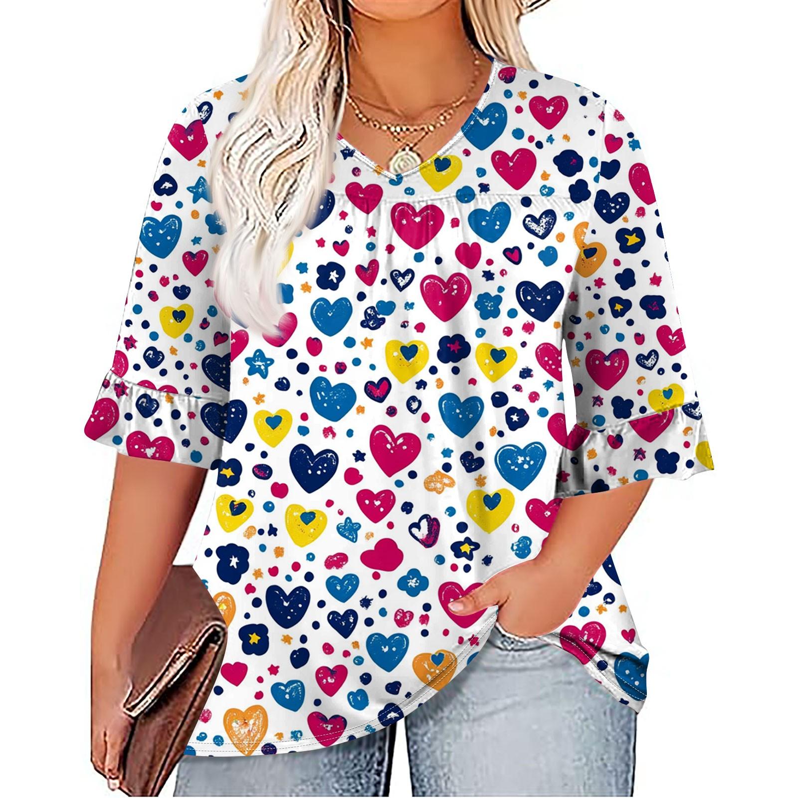 

Женская мода, повседневная плиссированная футболка с v-образным вырезом и принтом, семиминутная футболка с рюшами и рукавами, топы больших размеров XXL