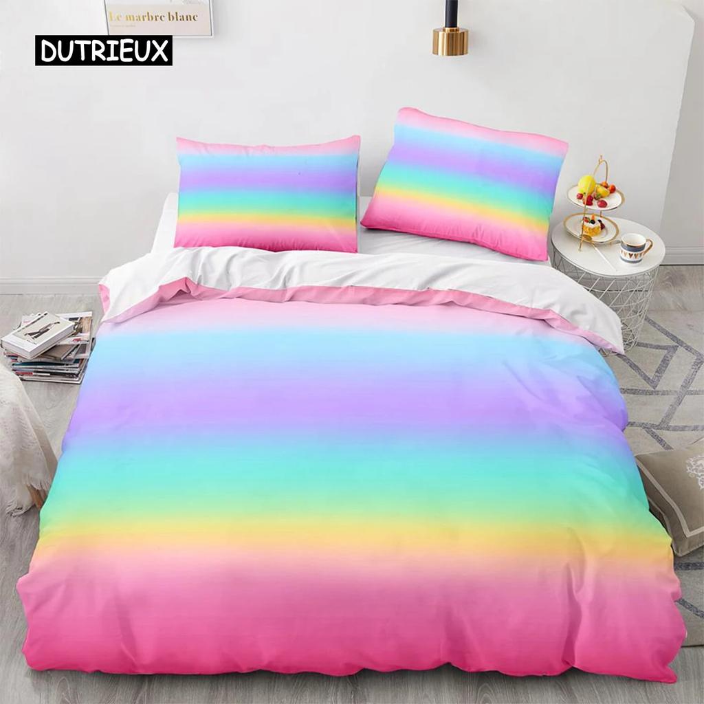 Rainbow Gradient Duvet Cover Set Queen Size Cute Bedding for Kids Girls Polyester Quilt Cover Single King Twin