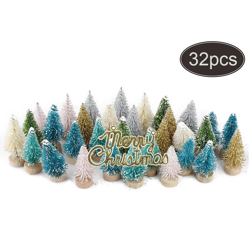 33Pcs Multicolor Mini Pine Christmas Trees Frosted Sisal Trees With Wood Base Plastic Winter Snow Ornaments Tabletop Trees Decor Other