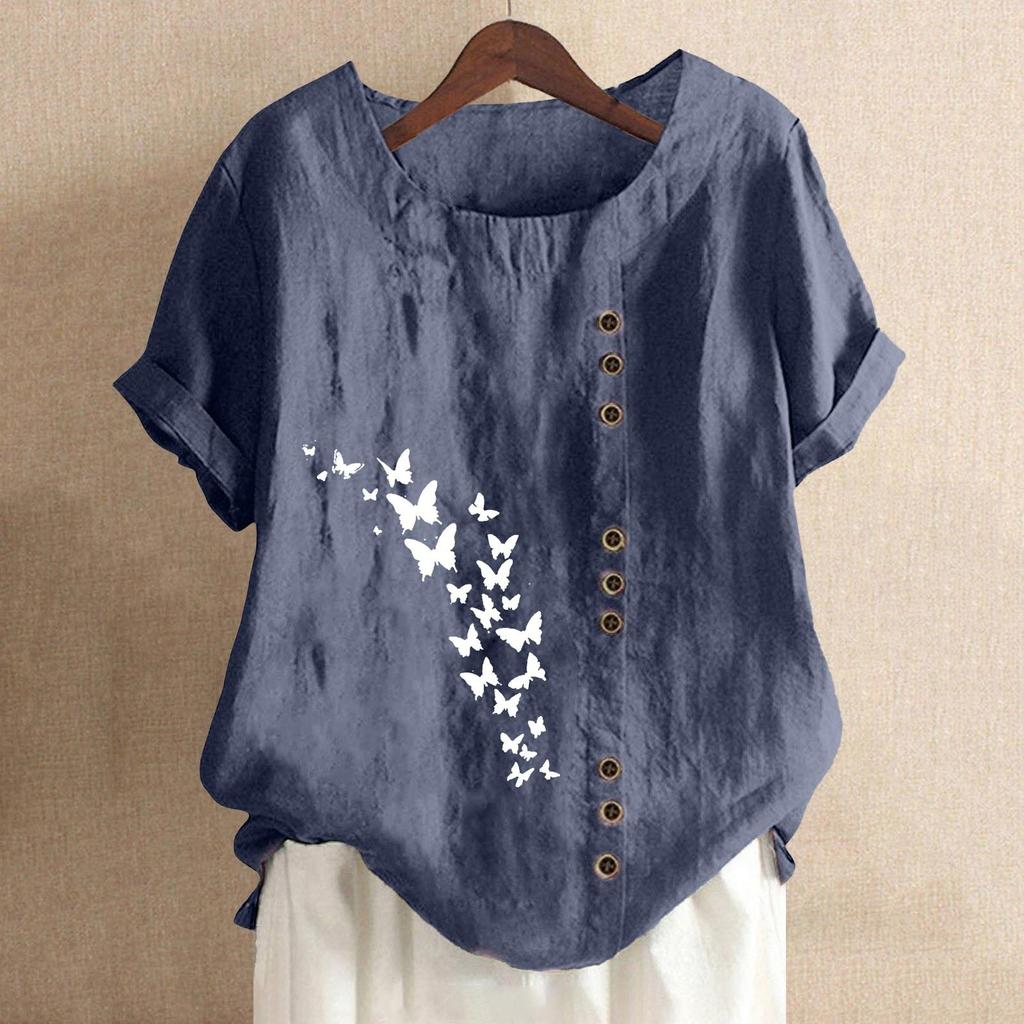 Women's Fashion Casual Round Neck Short Sleeve Cotton And Linen Printed T-shirt Top