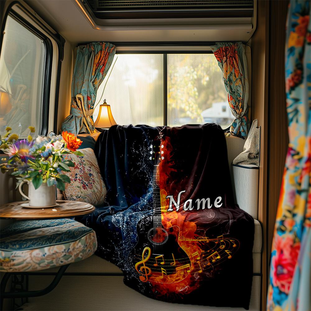 Flaming Guitar With Musical Notes And Water Splash Blanketcustomize Your Name Lightweight Comfortable And Stylish Blanket For Travel Bed Home Chair