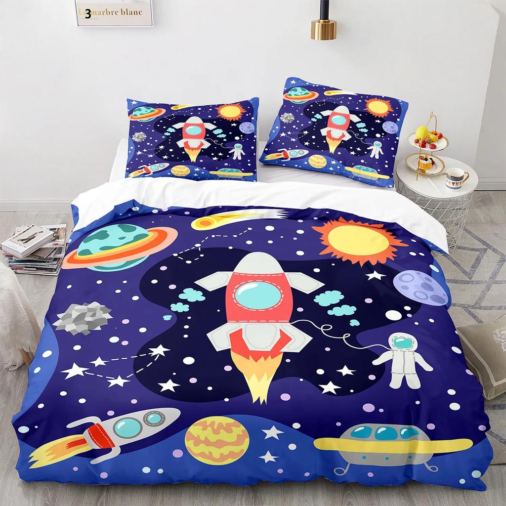 Space Astronaut Rocket Cartoon Illustration 3D Duvet Cover Bedding Set Polyester Pillowcases Gift Single Double King Queen