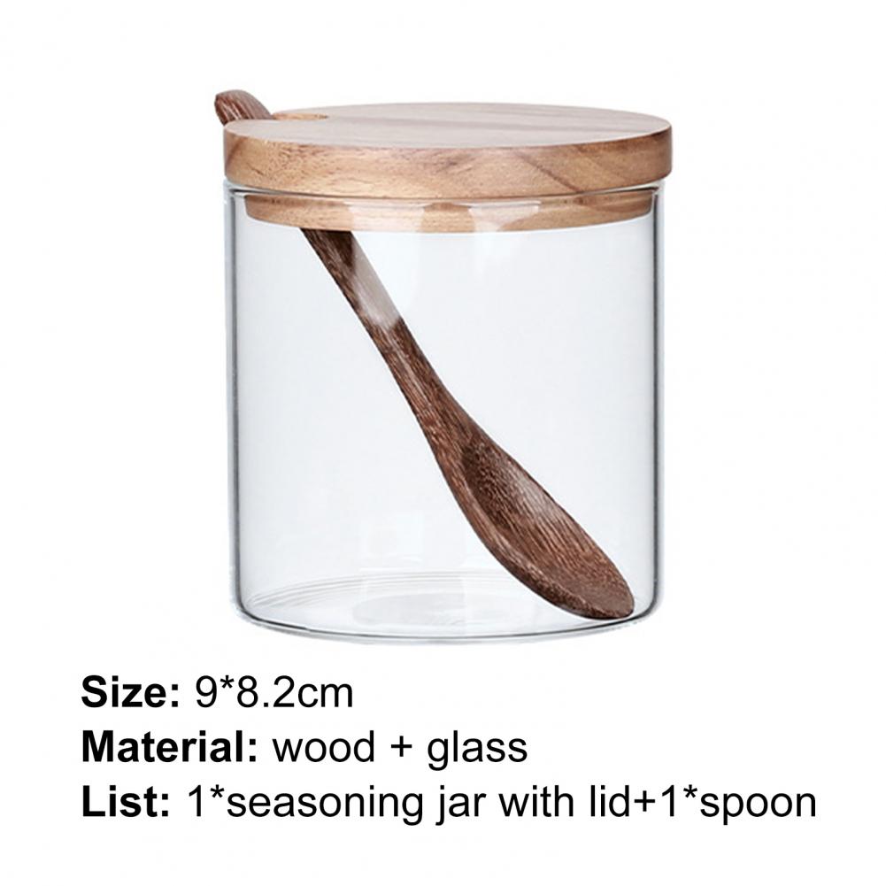 Salt Jar With Spoon Seasoning Box Wood Lid Cooking Tools Glass Sugar Milk Powder Spices Storage Cases Kitchen Spice Jar