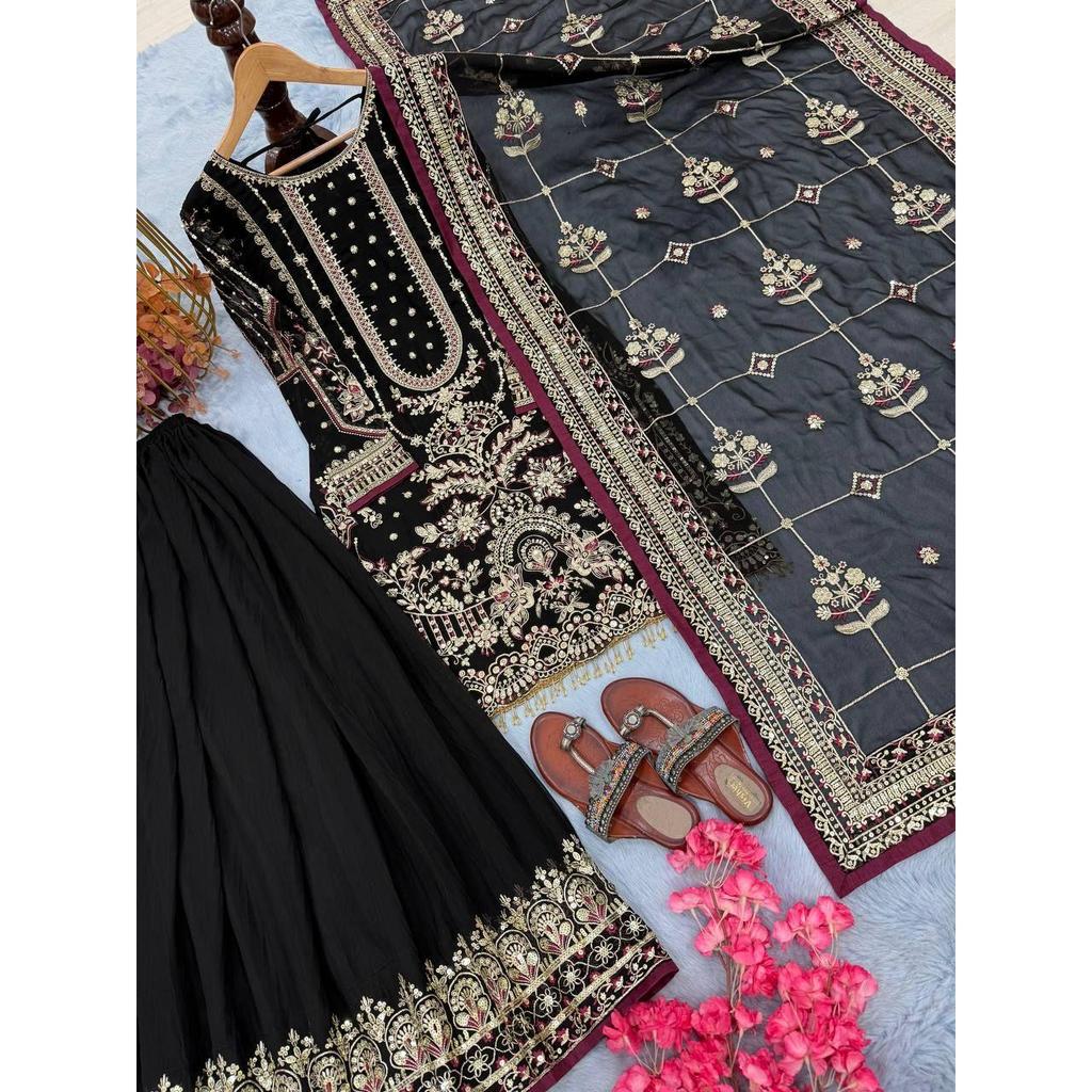 *Launching New Đěsigner Party Wear Look Pur Heavy Faux Georgette Top Plazzo & Dupatta Set