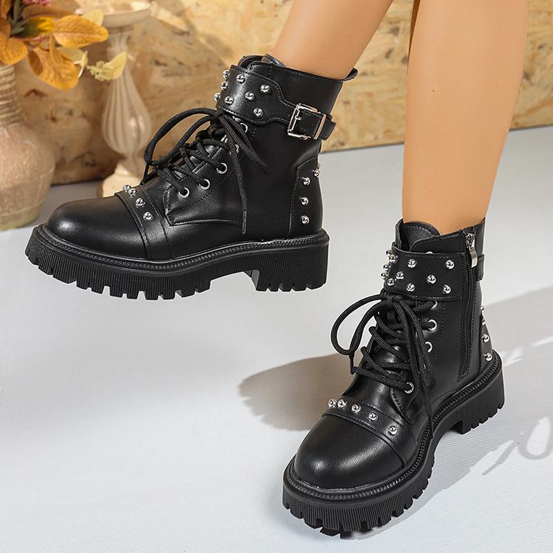 Fashion Punk Style Rivet Decor Black Combat Boots Women PU Leather Platform Ankle Boots Woman Fashion Buckle Strap Motorcycle Booties