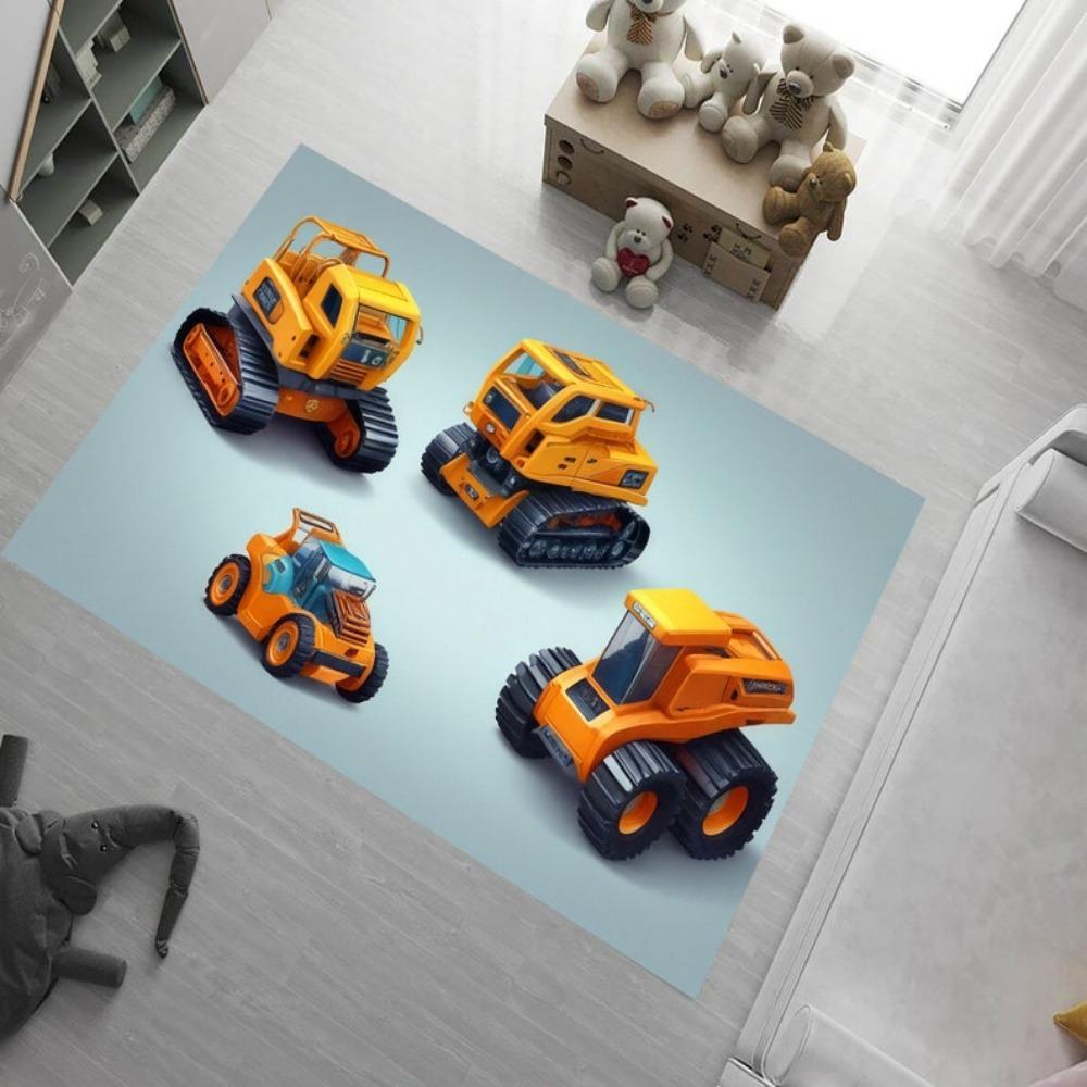 Cute Cartoon Vehicle Construction Car Area Rug Kids Dinosaur Bus Print Carpet Non-Slip Washable Floor Mat for Playroom Bedroom