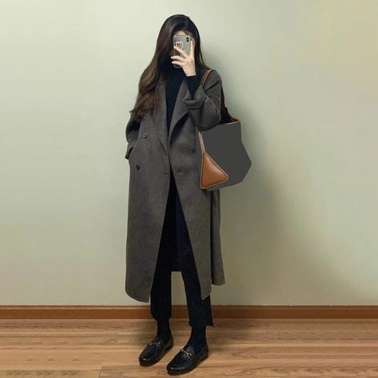 Dámský dlouhý vlněný kabát dvouřadý hráškový kabát ležérní dlouhý rukáv klopový trenčkot podzim zima svrchník