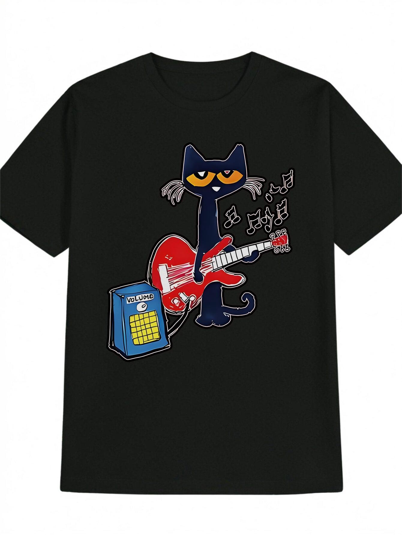 Casual Black T-shirt with Cartoon Cat & Guitar Print -  I m a Musician  Design S
