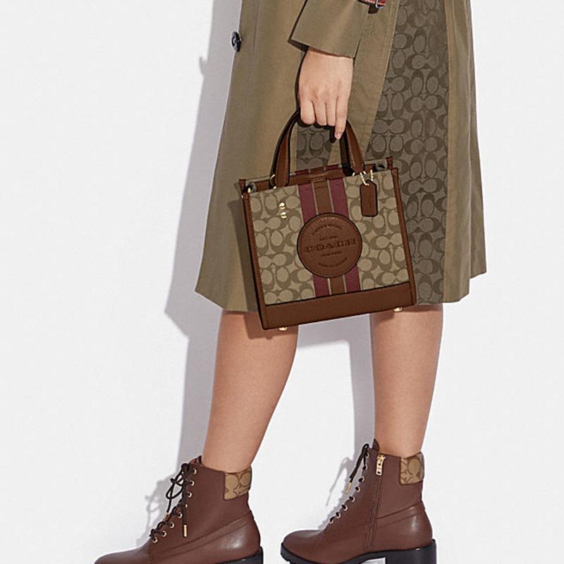 Coach Dempsey 22 Letter Logo Stripe Print Fabric And Leather Tote Bag Women Tote Bags Elephant-Gray Brown C8417-IMVGB
