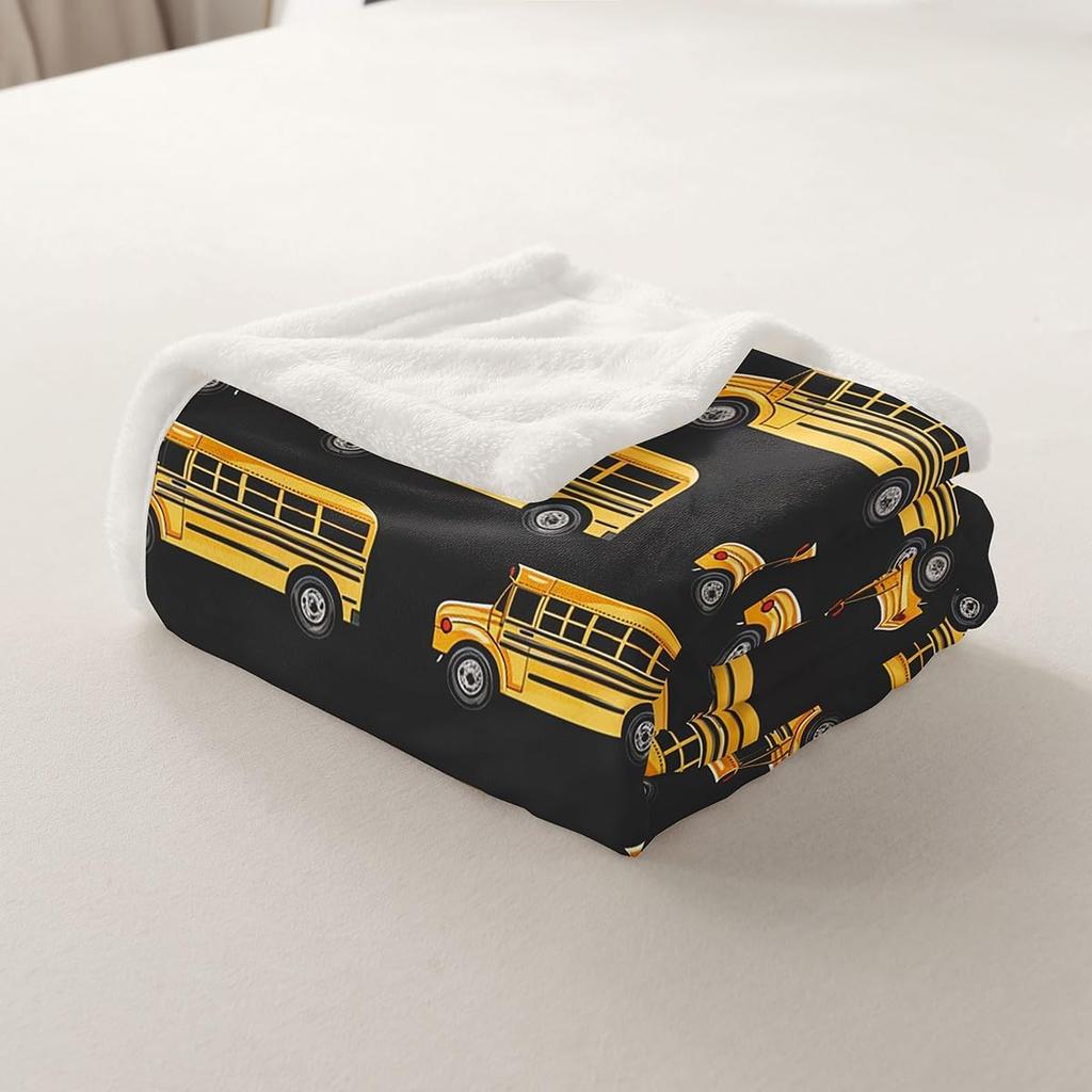 School Bus Blanket Yellow Bus Pattern Fleece Throw Kids Room Decor Back to School Theme Cozy Bed Cover