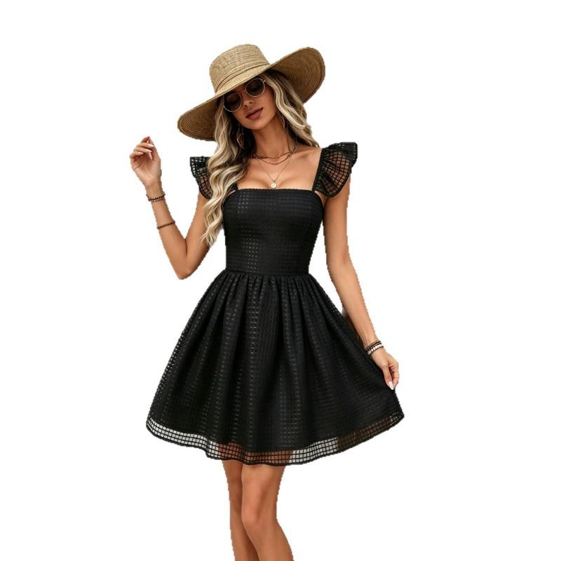 Women's Mesh Sleeve Mini Dress Fit and Flare Contrast Trim Party Cocktail Dress
