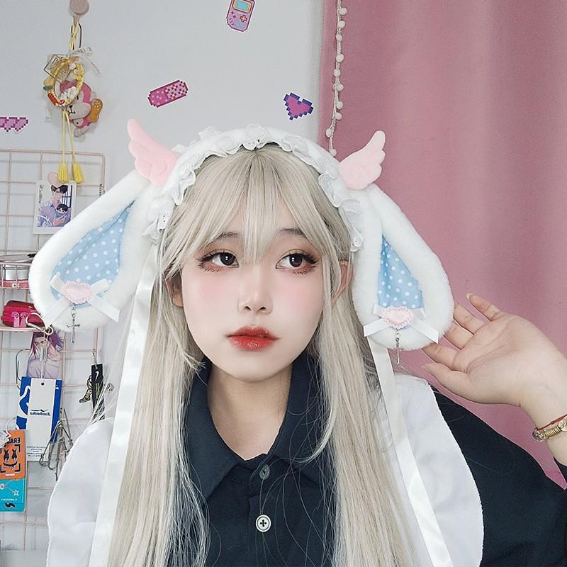 Handmade Plush Lolita Headband With Rabbit Ears Lace Ribbon Anime Cosplay Girls Party Accessory