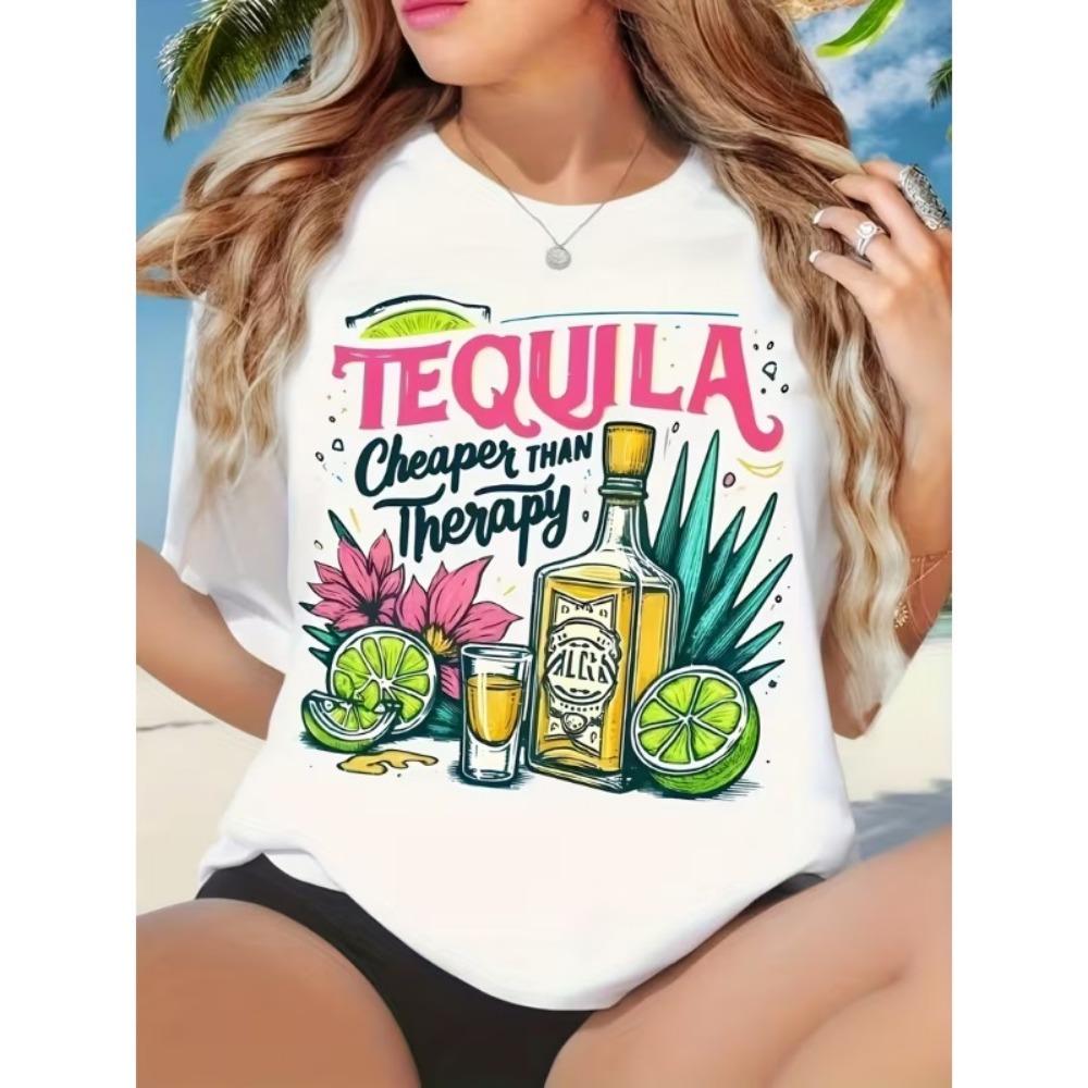 Buntes Sommer-Tequila-Flaschen-Limetten-Print-T-Shirt Weich Lockere Passform Rundhalsausschnitt Kurzarm für Damen Partys Urlaub