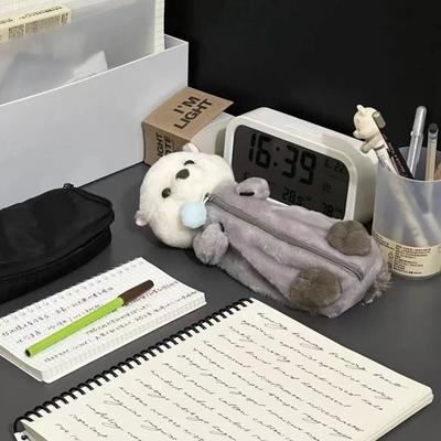 1 estuche para lápices con forma de nutria marina de peluche, muy atractivo, bonito estuche para lápices, material escolar, papelería