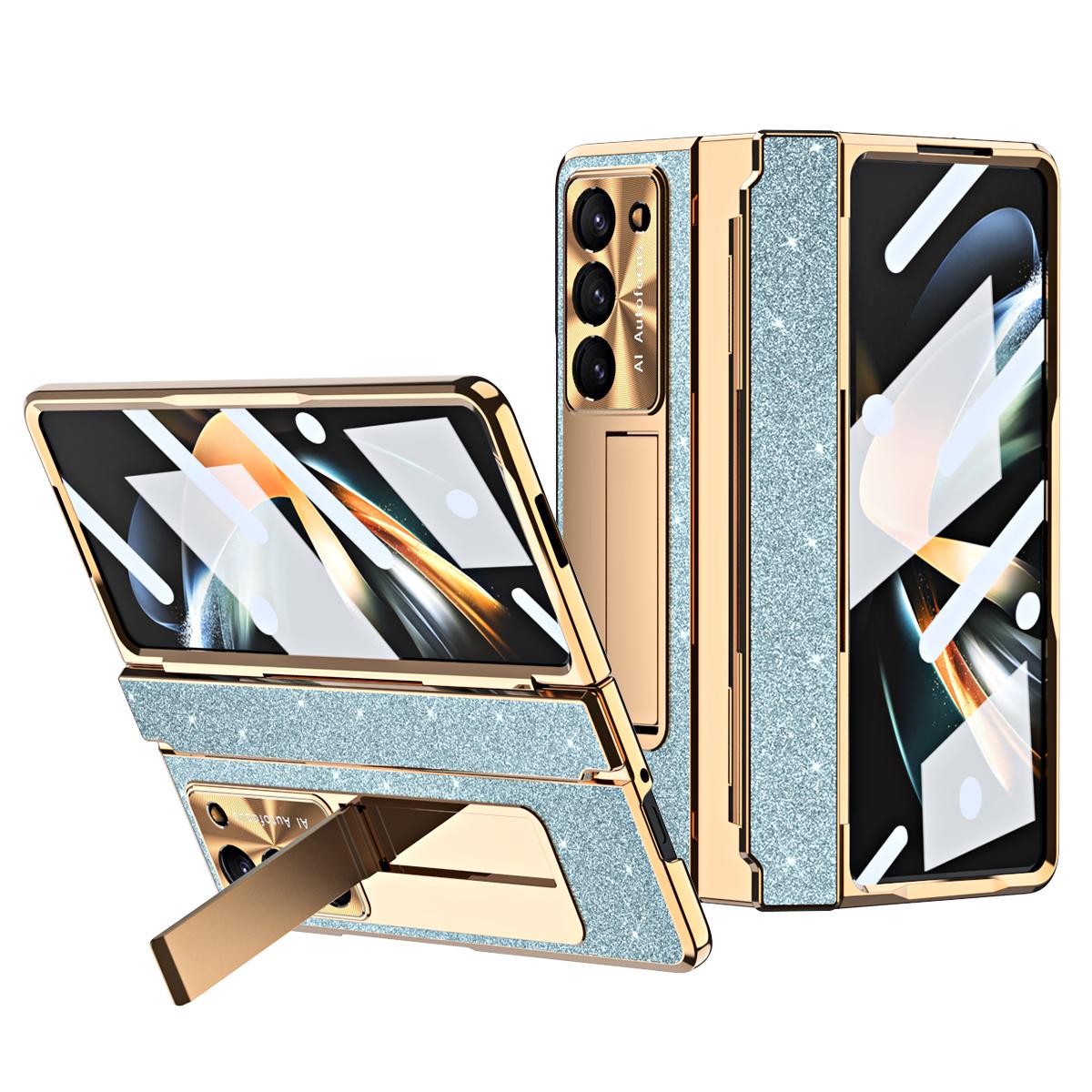 

For Samsung Galaxy Z Fold 7 6 5 4 Z Fold 3 5G Case with Screen Protector Frosting One-Piece Plating Stand Cover Gold For Galaxy Z Fold 7