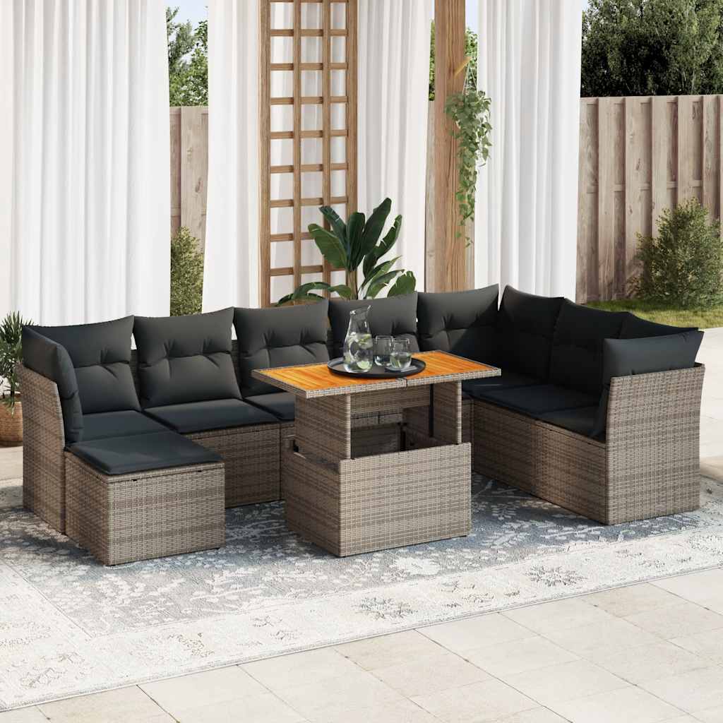 Vidaxl 9-Cz. Garden Furniture Set With Cushions, Grey, Poly Rattan