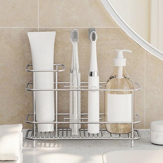 Stainless Steel Toothbrush Holder Bathroom Toothpaste Holder Stand with Quick Drainage Countertop Organizer for Bathroom Accessories