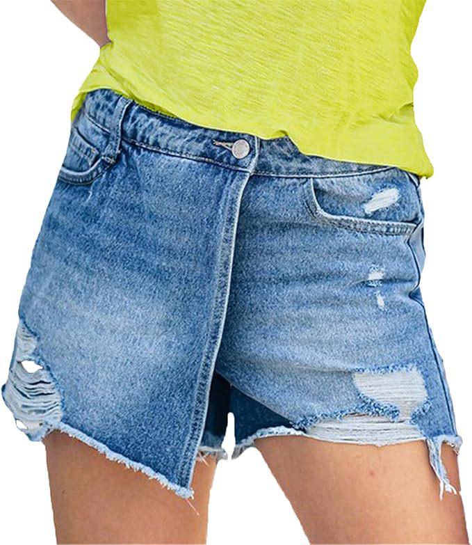 

2025 European Summer Casual Denim Skirt with Ripped Detail in Light Blue XL
