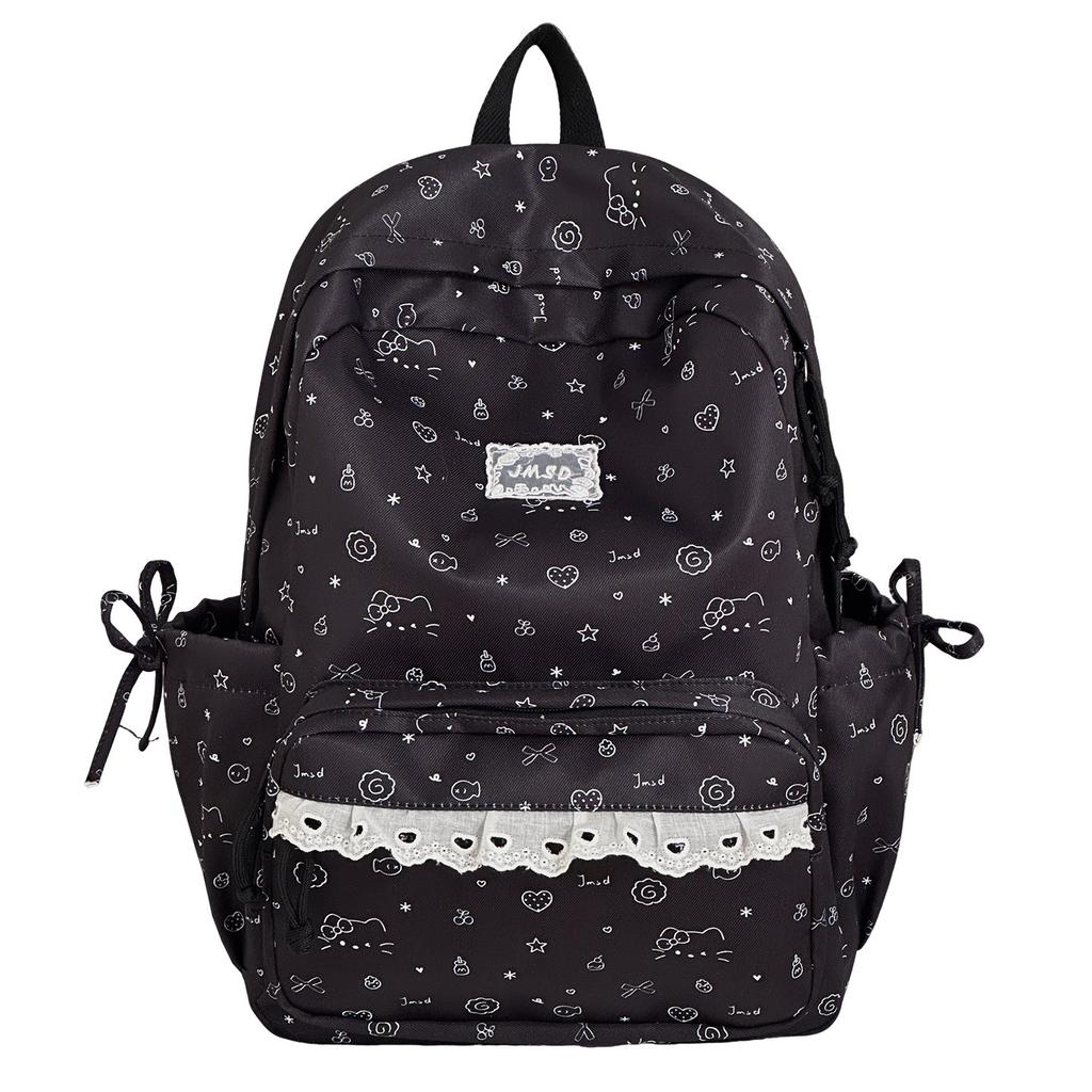 Schoolbag, Japanese-style INS cute cartoon print school bag, ballet-style lace trim, sweet soft girl travel mini backpack