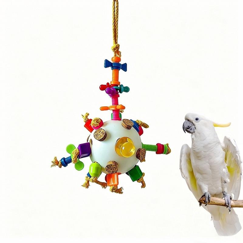 Parrot Puzzle Toy Colorful Foraging Ball with Cork & Cotton Rope Interactive Bird Chewing Toy for Large Parrots Stress Relief