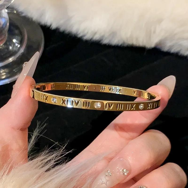 Titanstahl Gold Silber Farbe Armreifen für Damen Mädchen Trend Wasserdicht Schmuck Luxus Funkelnder Zirkon Armband Armreif