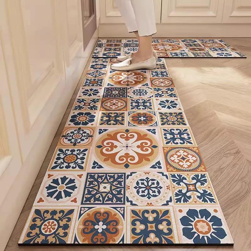 Non-slip PVC Kitchen Floor Mat Waterproof Oil-proof Leather Rug American Retro Home Decoration Long Foot Mats