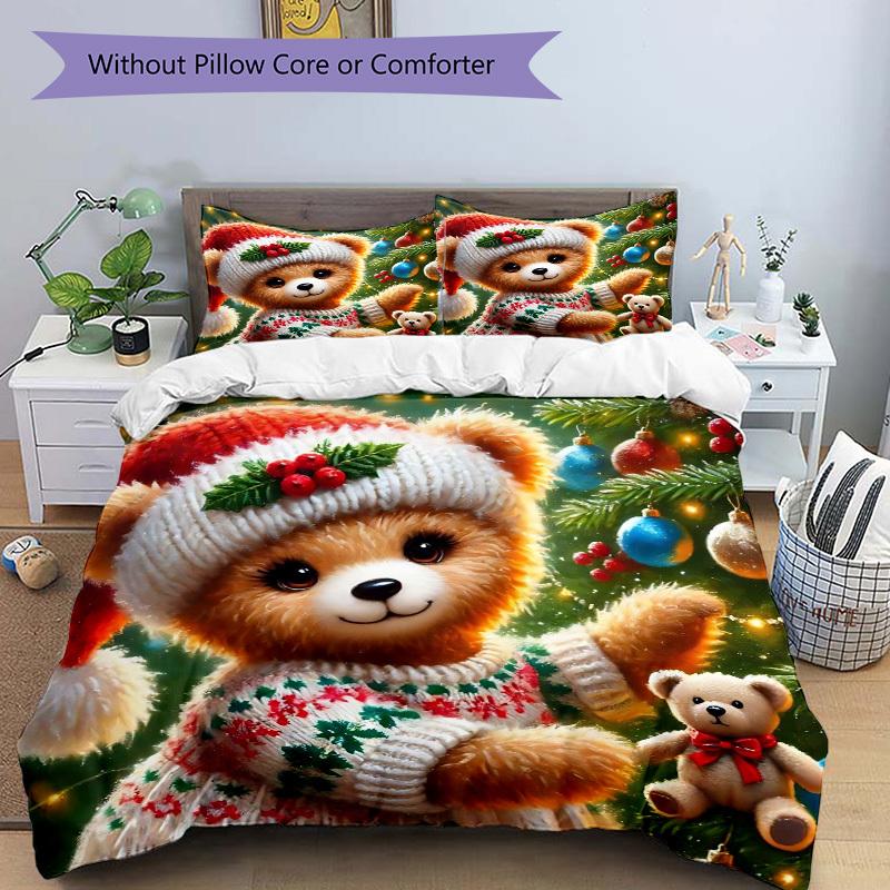 3pcs Christmas Teddy Bear Bedding Set - Includes One Quilt Cover and Two Pillowcases (No Core) - Festive Gift for Bedroom Decor - Polyester