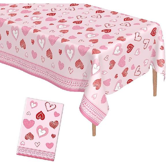 Valentines Tablecloth, 2Pcs Valentines Tablecloth Plastic 54x108 Inch Red Pink Love Heart Table Cloth Valentines Tables Cloth Disposable Rectangle
