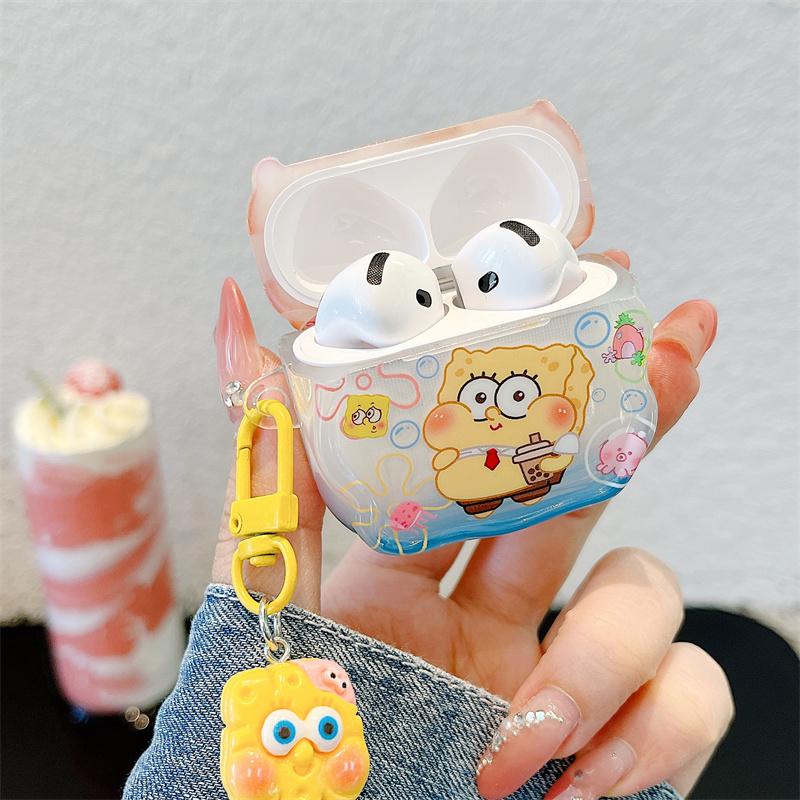 Cute 3D Cartoon SpongeBob Patrick Star Earphone Protective Case For Apple AirPods 1 2 3 4 Pro 2 Case With Pendant Cover