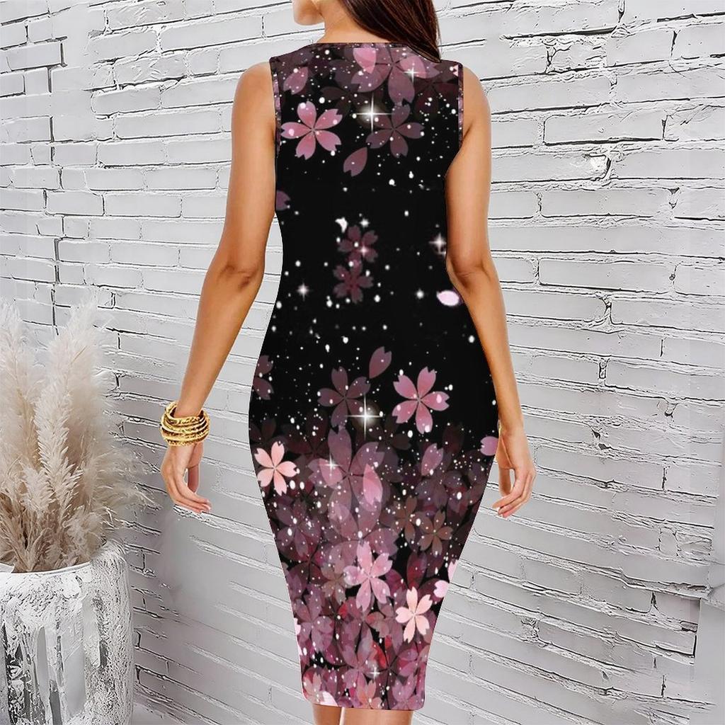 Women Plus Size Sleeveless Round Neck Midi Bodycon Dress Green Vintage Ornate Floral Scroll Print Slim Fit Dress