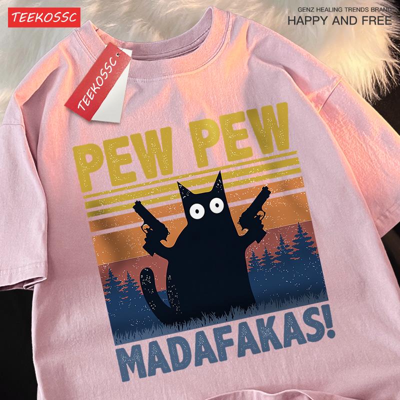 Pew Pew Madafakas Doppelpistole Katze Kurzarm Übergroße Atmungsaktive T-Shirts Baumwolle Sommerkleidung Street Casual T-Shirt Männer