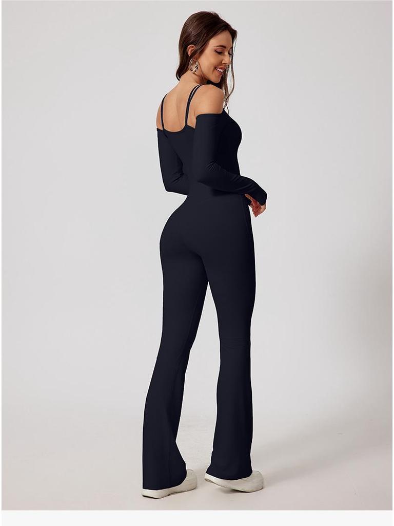 European & American Off-Shoulder Backless Jumpsuit with Double Shoulder Straps, Long Sleeves & Flared Pants