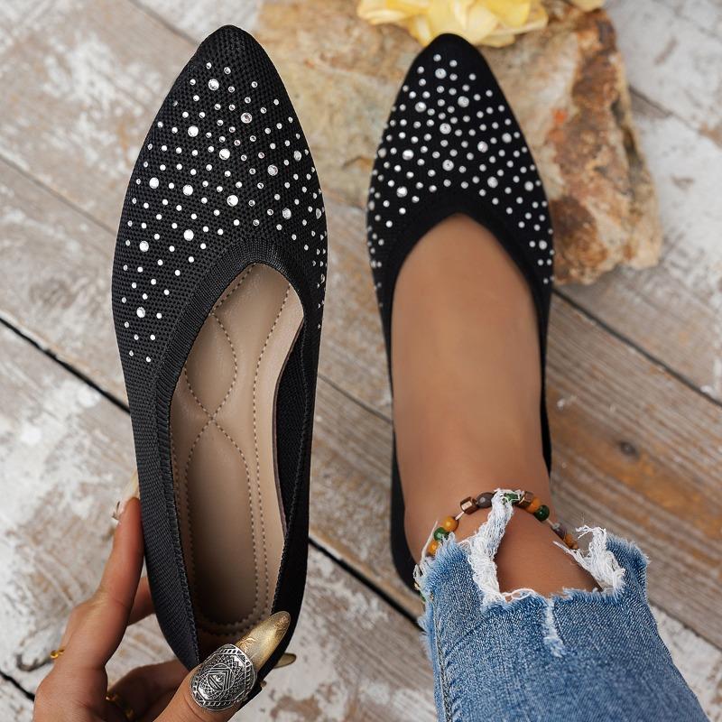 

Мода 2025 Высокое качество Женская обувь Неглубокие женские балетки Мода Кристалл Однотонные Повседневные балетки Женские Сексуальные С острым носком Плоские Низкий каблук 43 чёрный