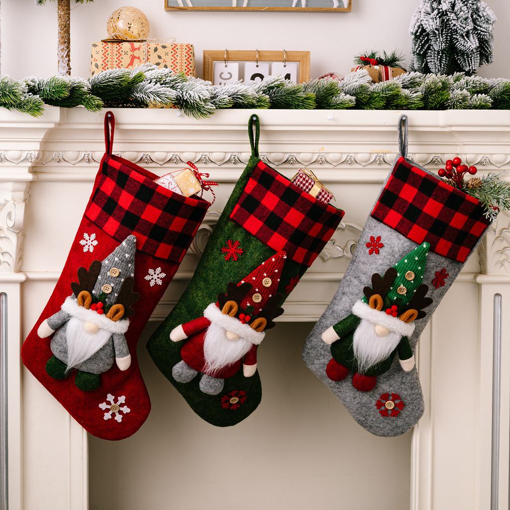 Cozy Fabric Christmas Stockings In Red Green And Gray With Snowflake Details