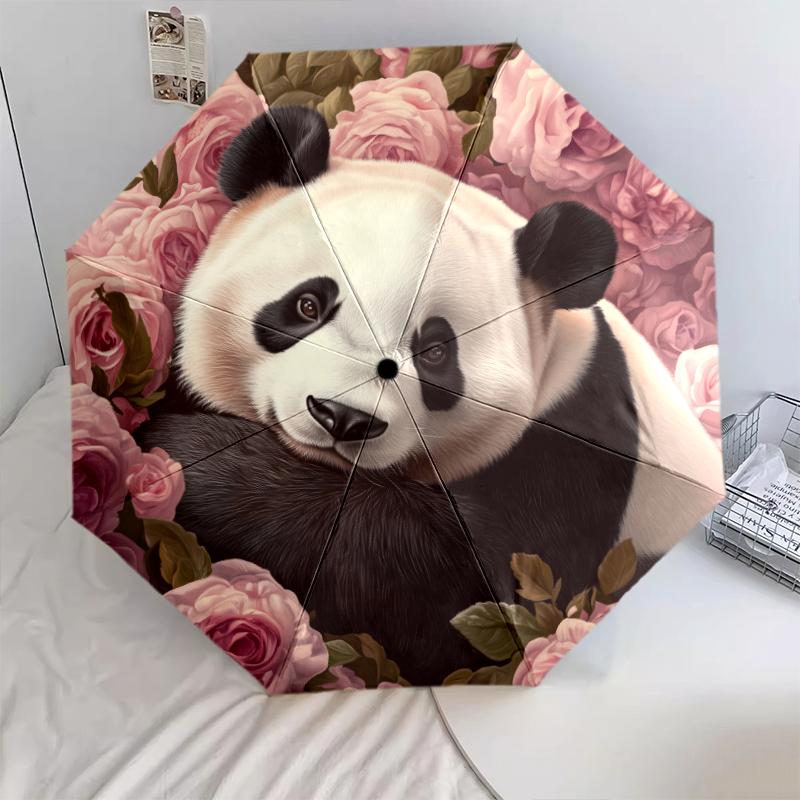Panda and Rose Pattern, Automatic Folding Umbrella, Portable and Foldable Design, 8 Ribs, a Christmas or Birthday Gift.