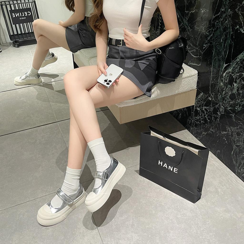 Rindslederversion~ Ruth gleiche Leder großer Kopf Einzelne Schuhe Damen vielseitige Plateau Muffin Klettverschluss Mary Jane weiße Schuhe