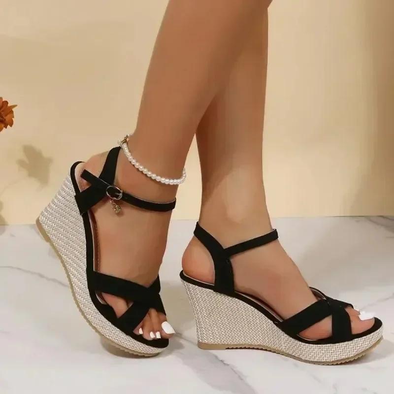 2026 Black Beige Wedge Sandals for Women's Heel Platform Fish Mouth  Strap Fashion Shoes Female Summer Buckle Strap Sandal