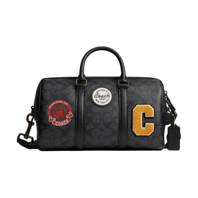 

COACH Venturer 27 Brand Logo Printed Zipper Closure Faux Leather Boston Bag Shoulder Crossbody Handbag Large Men s Gray Black чорний