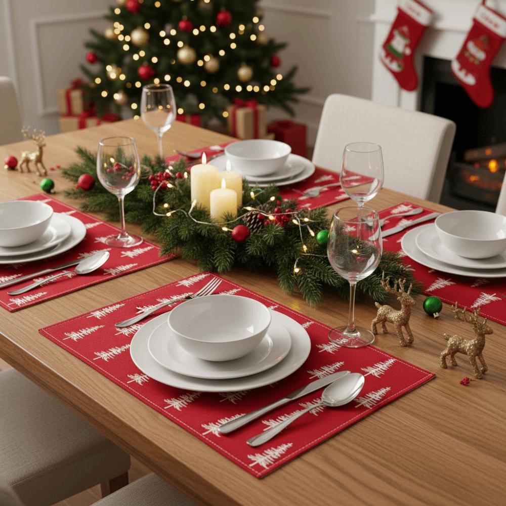4PCS Linen-like Christmas Tree Placemats Anti-slip Tableware Insulated Mats New Year