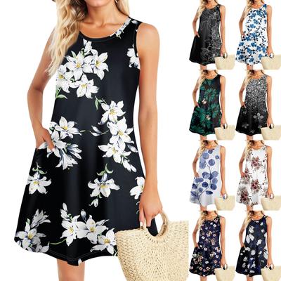 Summer Dresses For Women Beach Boho Sleeveless Printing Flowy Pocket Tshirt Tank Sundresses