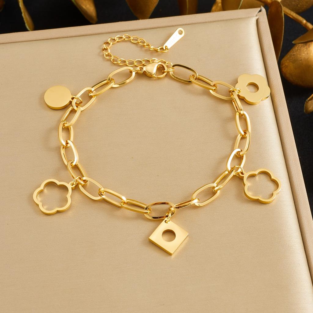 DIEYURO 316L Stainless Steel Golden Hollow Flowers Square Round Pendant Bracelet Lady Fashion Waterproof Hand Chain Jewelry