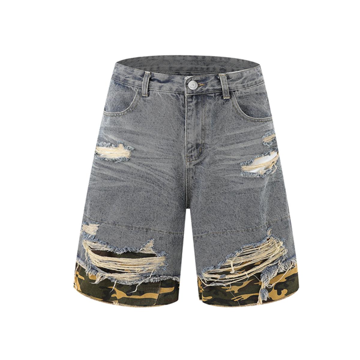Men s Summer American Vintage ins Tide Camouflage Washed Ripped Denim Shirt Jacket Short Sleeves M