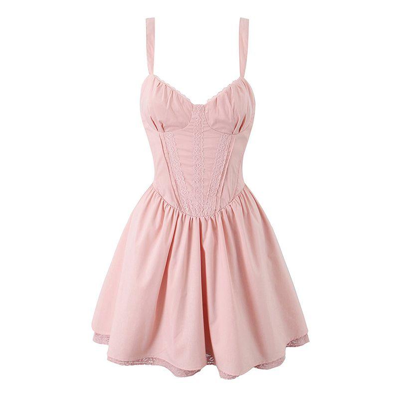 Charming Dangerous Babyboo French Style Sweet and Spicy Wind Bow Lace Stitching Waist Slimming Sling Dress